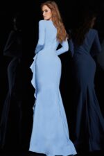 model wearing Jovani 06995 in blue back view showcasing the fitted silhouette