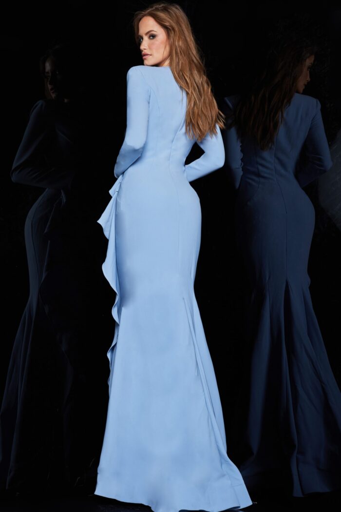 model wearing Jovani 06995 in blue back view showcasing the fitted silhouette
