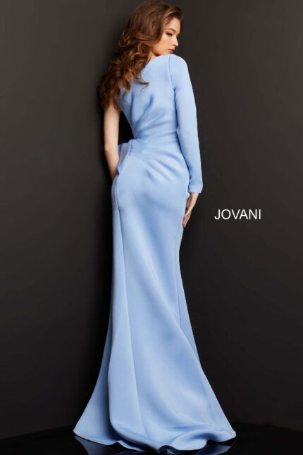 Back view of model wearing Jovani 06998 light blue dress.