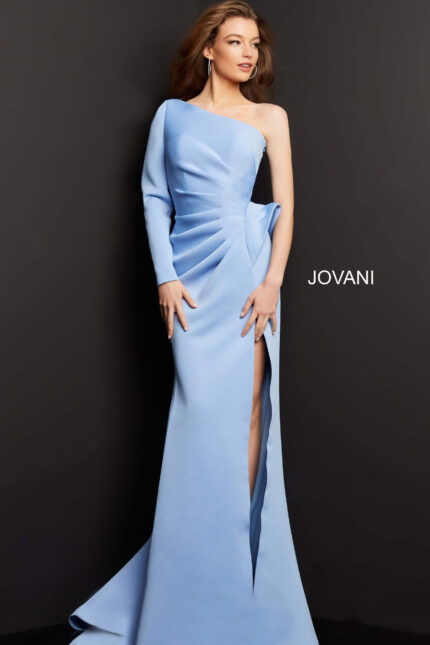 Model wearing Jovani 06998 light blue dress with one-shoulder and high slit.