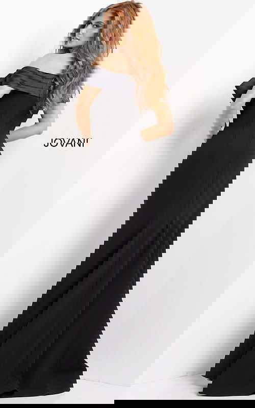 Back view of model in Jovani 07014 black mermaid dress.