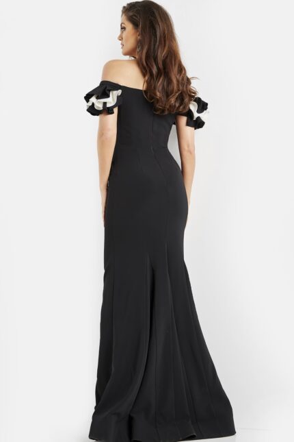 back view of model in Jovani 07017 black mermaid gown