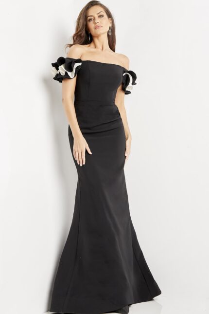 model wearing Jovani 07017 black dress with off-the-shoulder ruffle sleeves