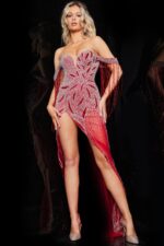 Model wearing Jovani 07031 burgundy gown with elegant beadwork