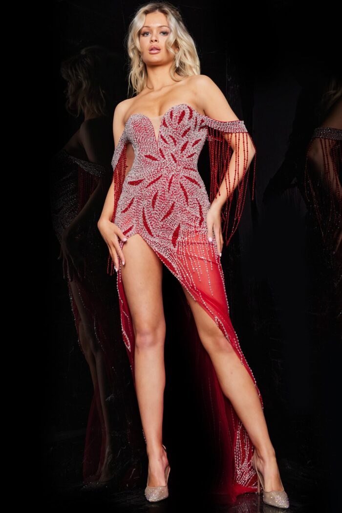 Model wearing Jovani 07031 burgundy gown with elegant beadwork