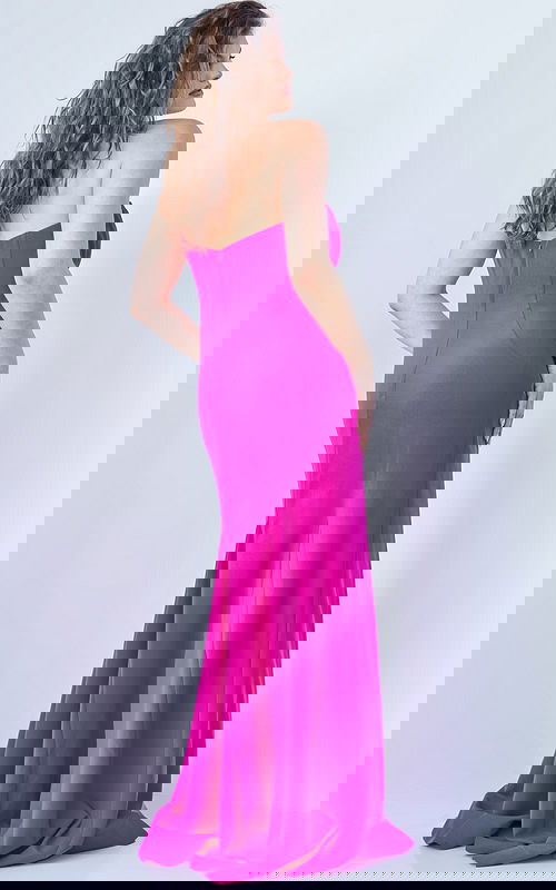 Model displaying Jovani 07306 fuchsia gown, front perspective with neckline and bow detail