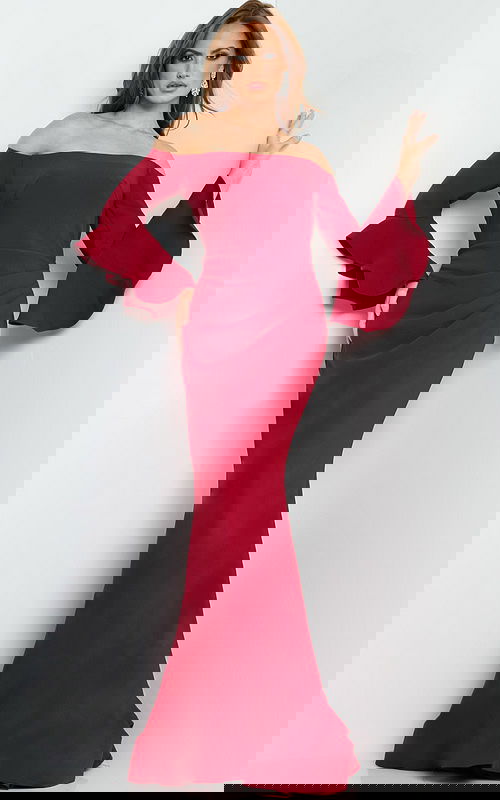 Model wearing Jovani 07065 elegant cranberry dress with off-the-shoulder neckline and flared sleeves.