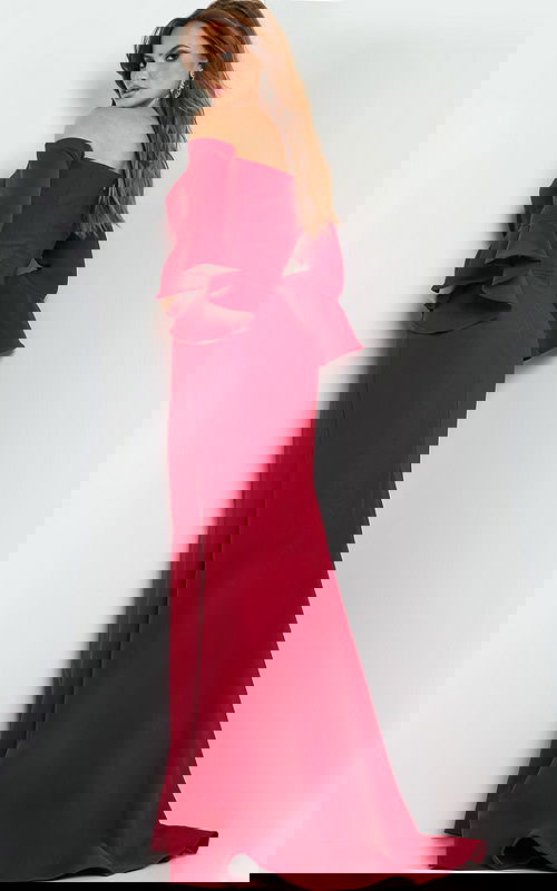 Back view of model wearing Jovani 07065 cranberry dress with off-the-shoulder design and flared sleeves.