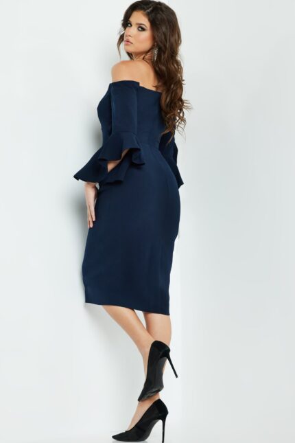 Back view of Jovani 07066 dress in navy, showing the elegant draping.