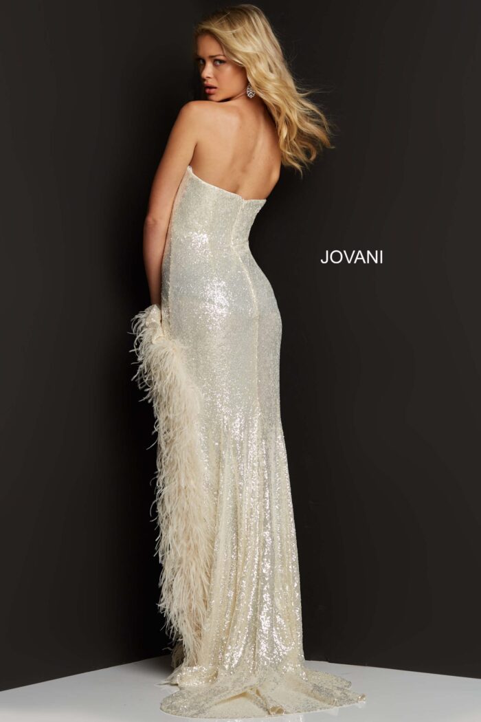 back view of Jovani 07068 beige sequin gown with feather accents