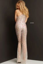 model wearing Jovani 07079 back view, embellished one-shoulder dress