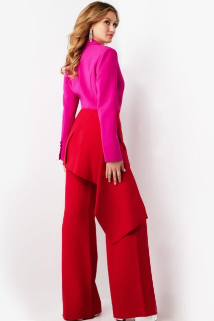 Model wearing Jovani 07093 fuchsia blazer and red trousers back view.