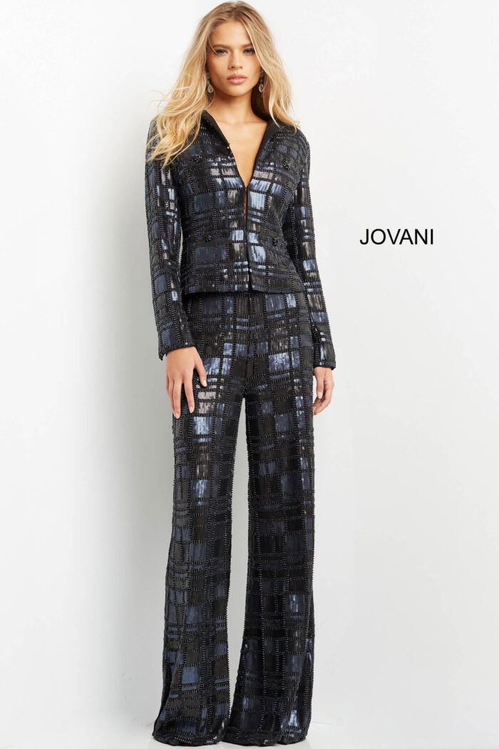 Model wearing Jovani 07166 navy suit with sequin details, frontal view