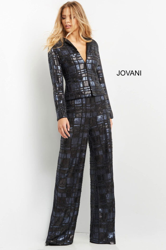 Model wearing Jovani 07166 navy suit with wide-leg pants and V-neckline, front view