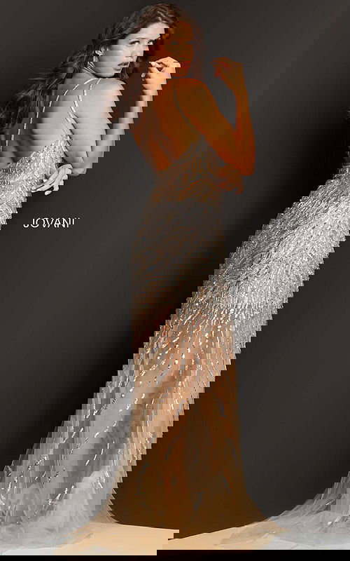 Back view of Jovani 07185 gown highlighting delicate straps and beaded embellishments in nude.