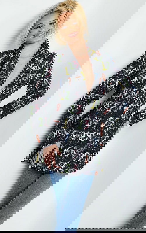 Model wearing Jovani 07191 multi-colored blazer dress, front view.