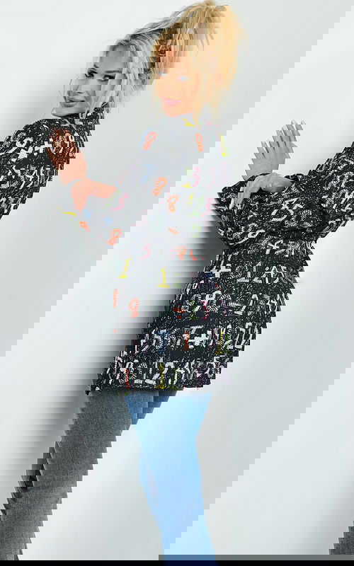 Back view of Jovani 07191 dress displaying the vibrant number pattern.