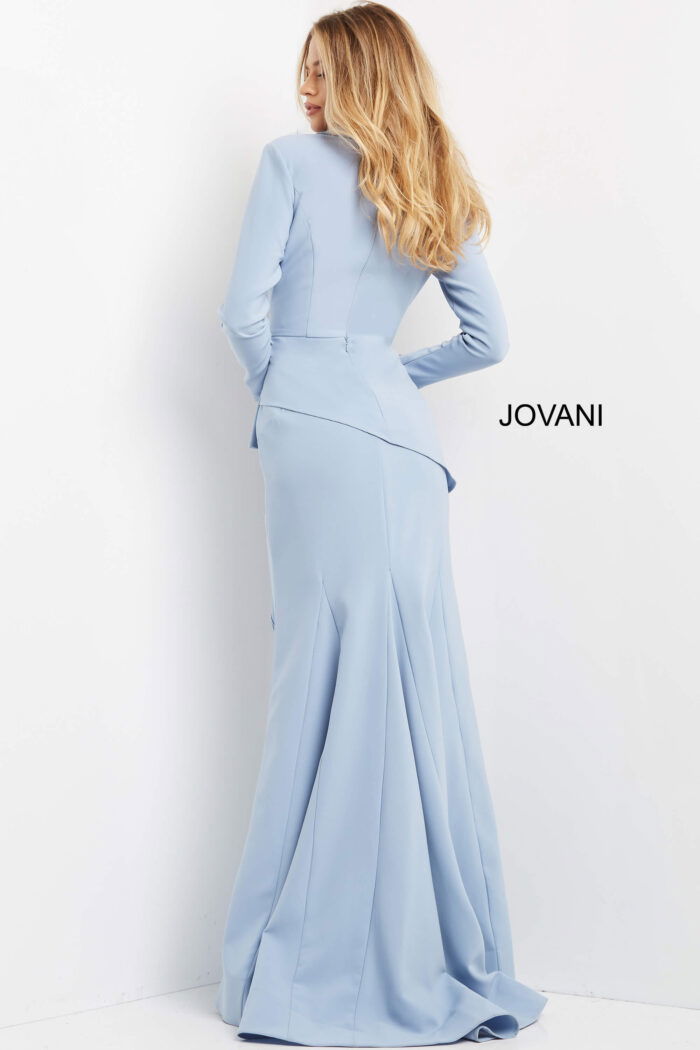 Back view of model wearing Jovani 07242 periwinkle blue dress with long sleeves.