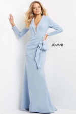 Front view of model wearing Jovani 07242 periwinkle blue long-sleeve dress.