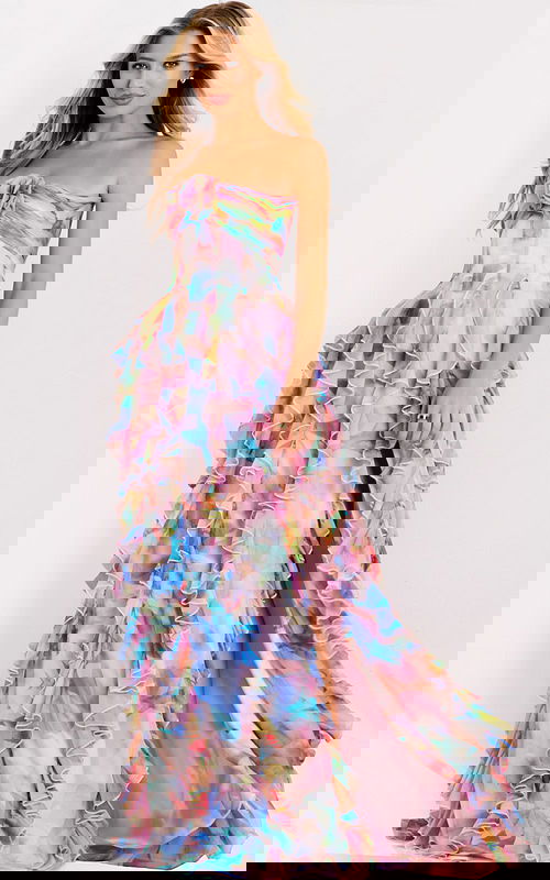 Strapless watercolor print gown with ruffle layers 46381