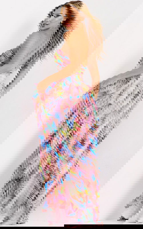 Flowing strapless gown with abstract rainbow print 46381