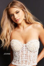 close-up of Jovani 07411 off-white top with beadwork.