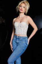 close-up of Jovani 07411 top's embroidered detailing.