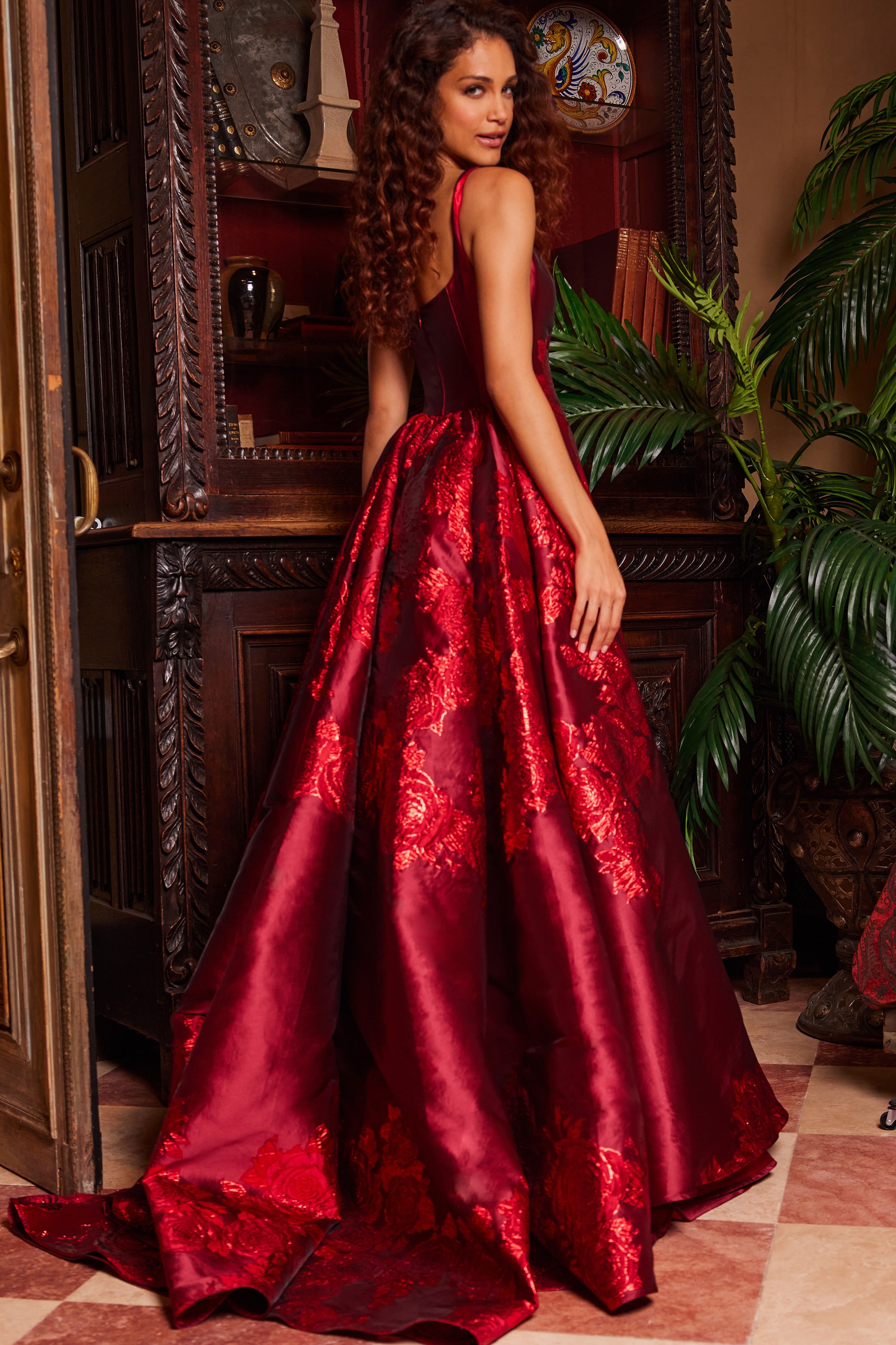 Jovani 07441 Red Pleated Overskirt Sleeveless Prom Gown | Jovani