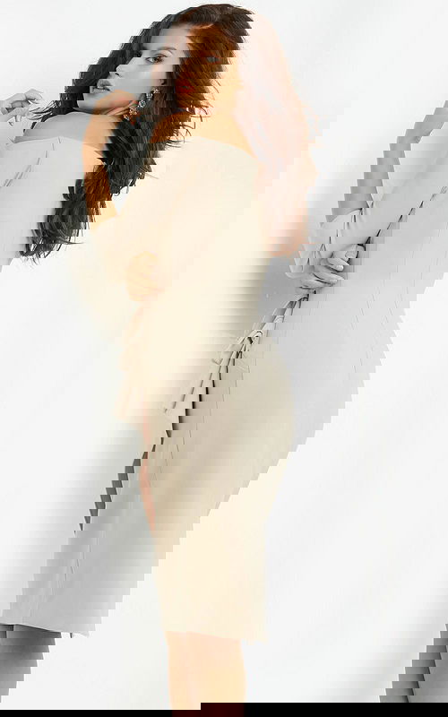 Back view of model wearing Jovani 07442 beige dress highlighting off-the-shoulder style and elegant fit.