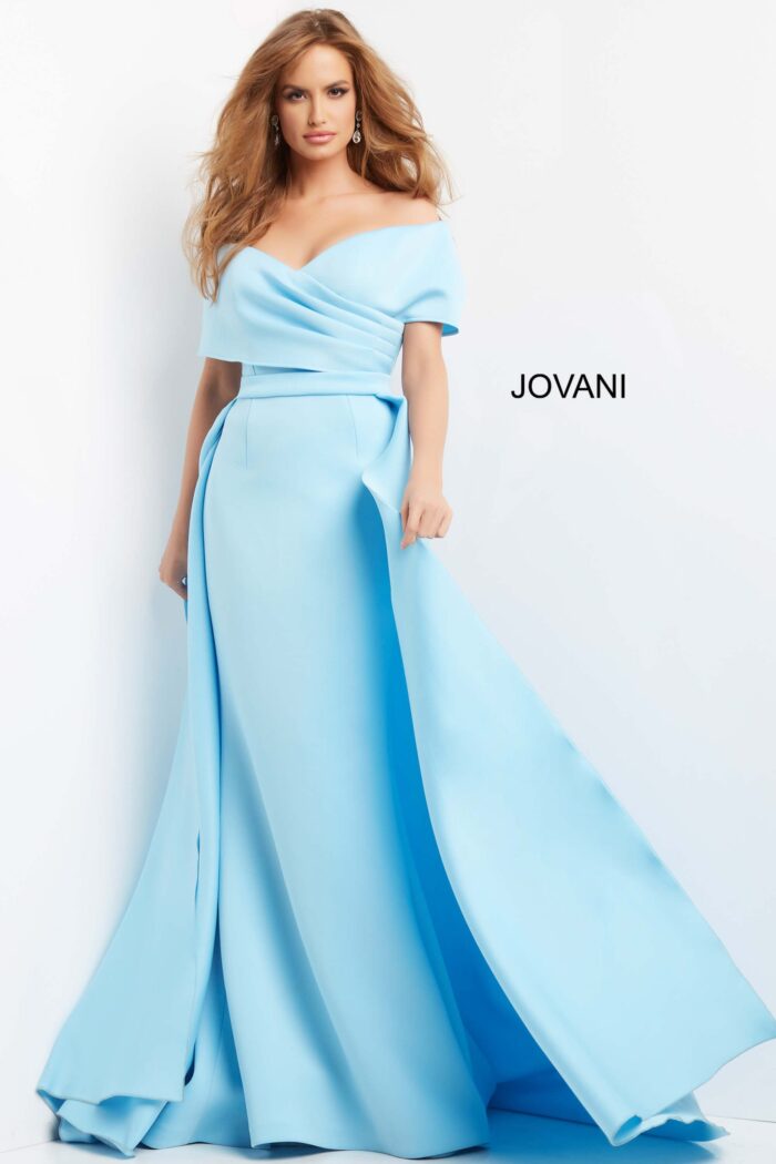 model wearing Jovani 07443 light blue elegant gown front angle
