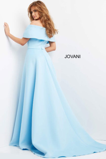 model wearing Jovani 07443 light blue gown back view