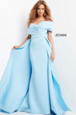 model wearing Jovani 07443 light blue gown full front view
