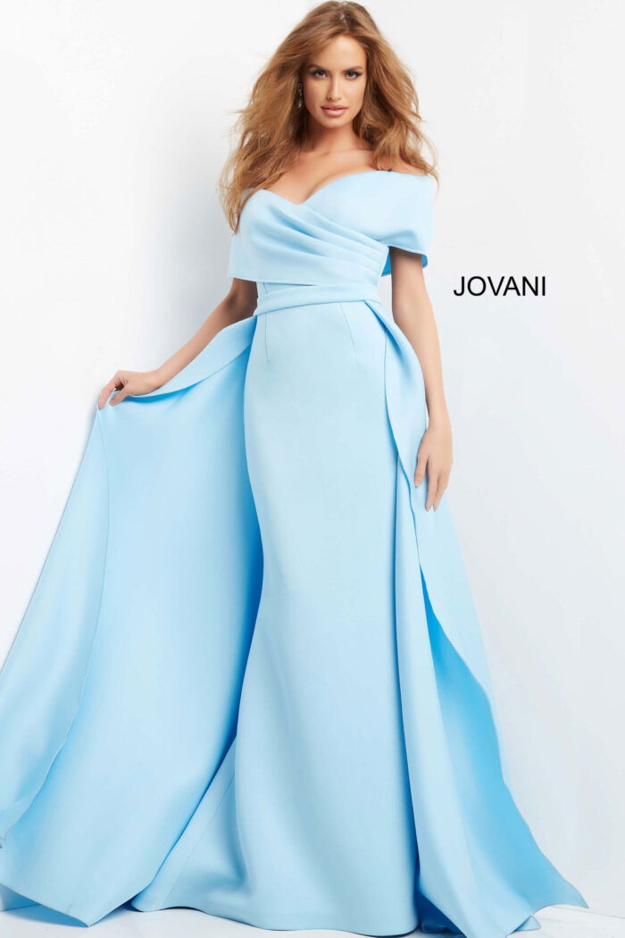 model wearing Jovani 07443 light blue gown full front view