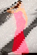 Model wearing Jovani 07499 red lace dress full length front view