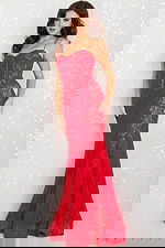 Model wearing Jovani 07499 red lace dress showing front details