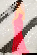 Model wearing Jovani 07499 red lace dress back view