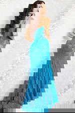 Model wearing Jovani 07499 blue lace dress back view