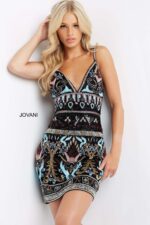 Model wearing Jovani 08447 mini dress with intricate beadwork and deep V-neckline in multi colors.