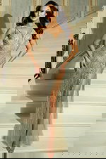 Close-up of crystal beadwork and illusion detailing on bodice