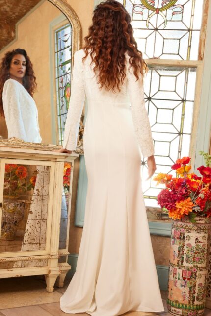 Back view of Jovani 07552 ivory dress, highlighting lace design.