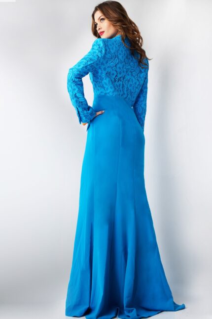 model wearing Jovani 07552 blue dress, back view showing lace detailing