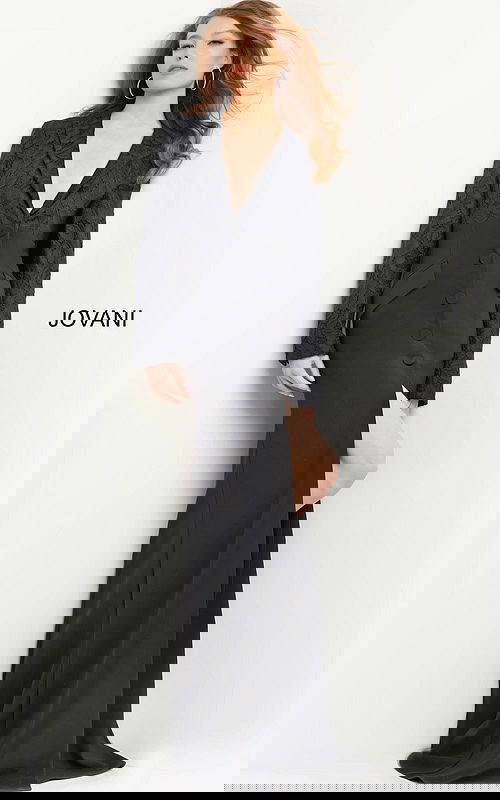 Model wearing Jovani 07552 black dress with lace sleeves and high slit.