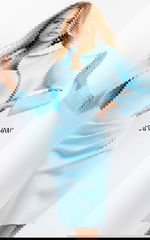 Model wearing Jovani 07556 light blue dress with bolero, front view.