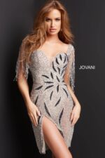 Model wearing Jovani 07577 dress with sweetheart neckline and beaded accents.