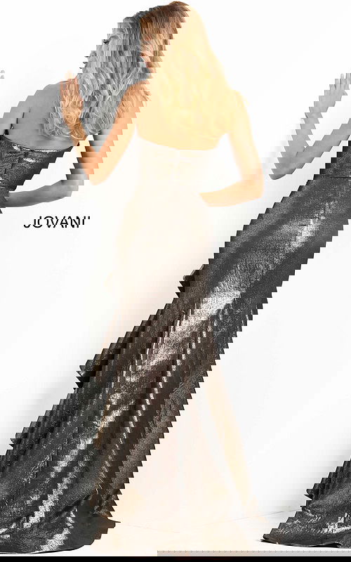 Back view of Jovani 07582 showing the seamless finish of the metallic gown.