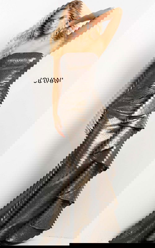 Close-up of model wearing Jovani 07582 metallic brown strapless gown.