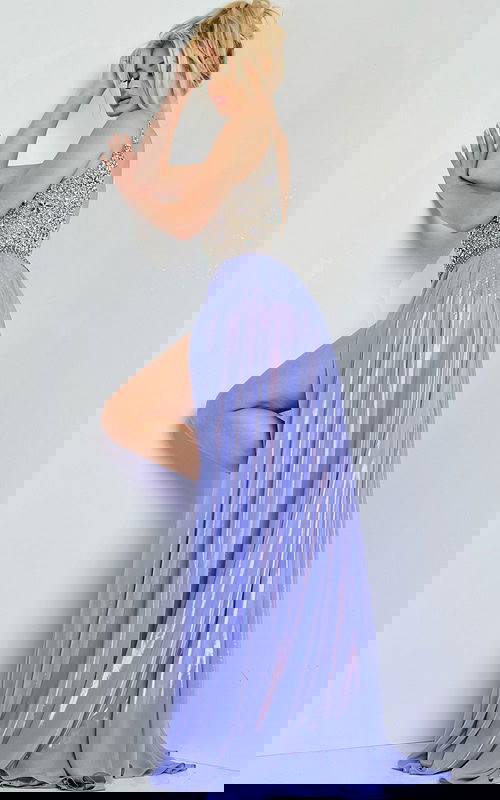 Back view of model wearing Jovani 07659 silver gown showing full skirt