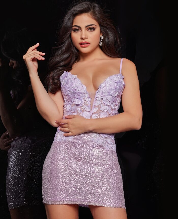 Model wearing Jovani 07668 pink sequin dress with floral appliqués and V-neckline