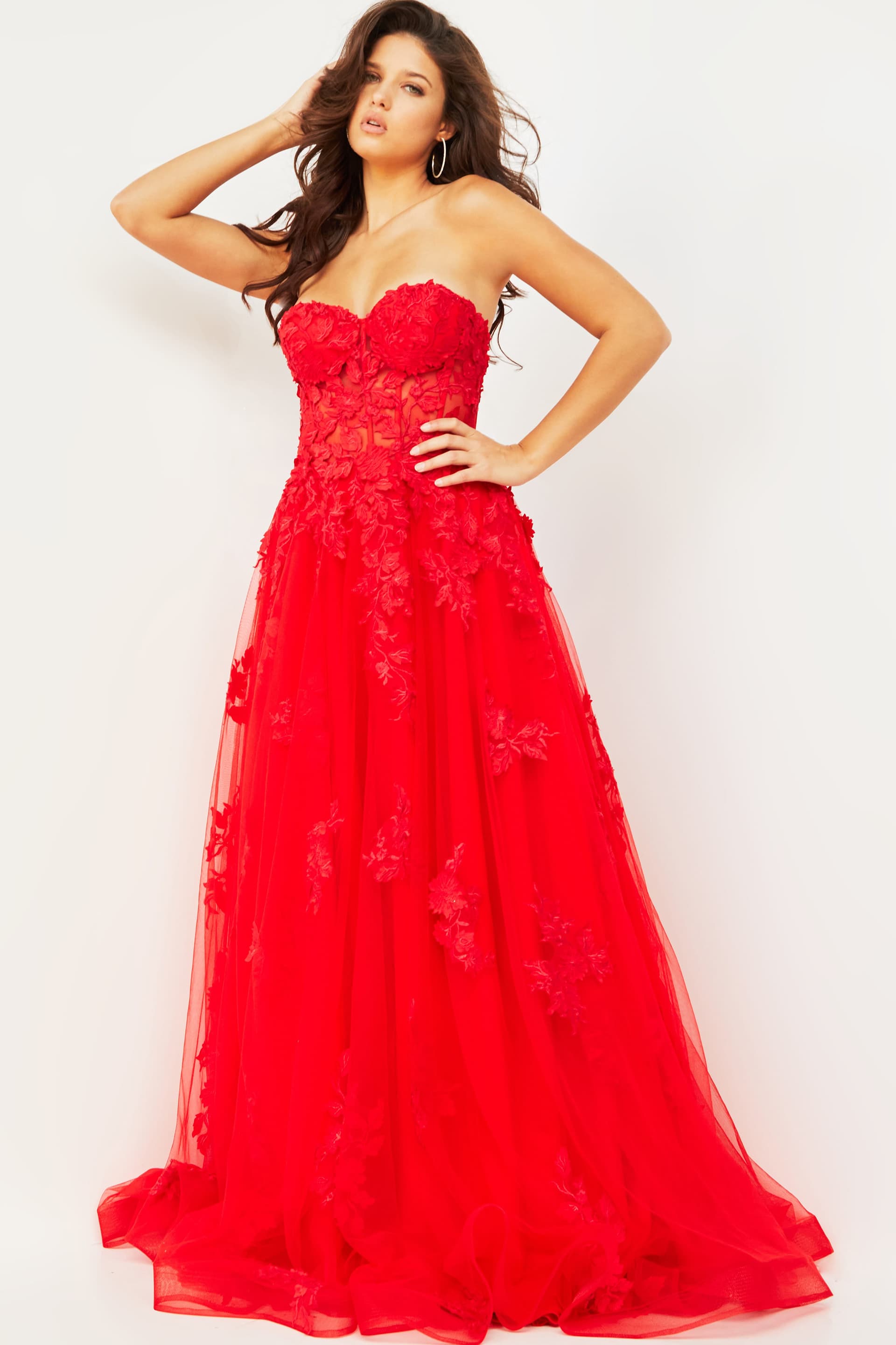 07901-RED-202-2.jpeg Model wearing Jovani 07901 red gown with floral embroidery, front view.