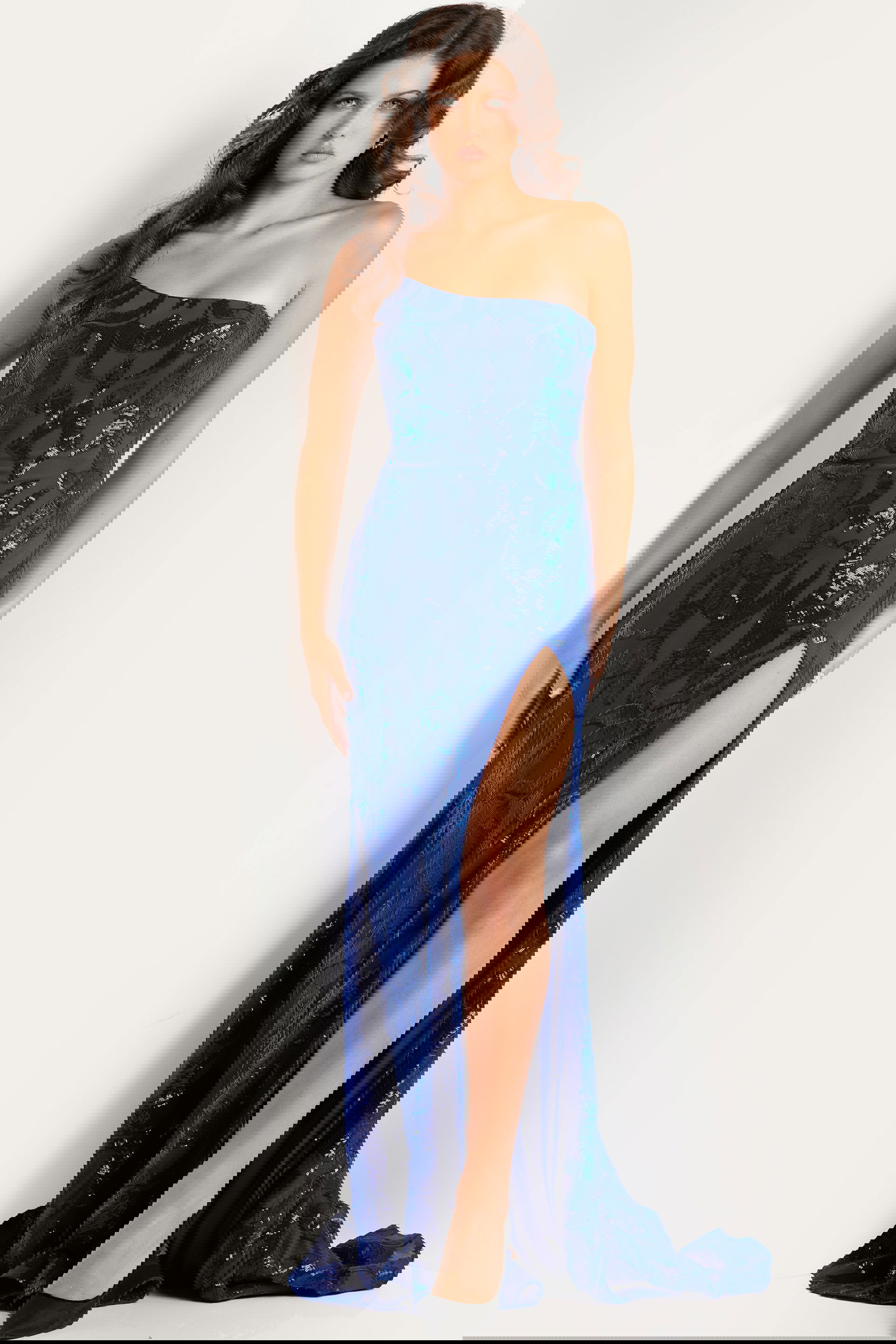 07913_3.jpg Model wearing Jovani 07913 royal blue evening dress with one-shoulder neckline and high slit.